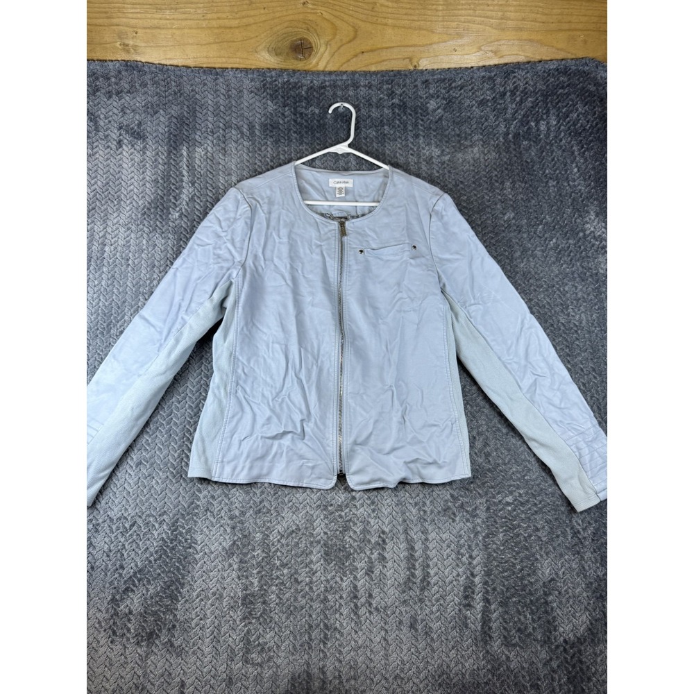 Calvin Klein Bomber Jacket Womens XL Light Blue Ribbed Panel Full Zip Moto 5719